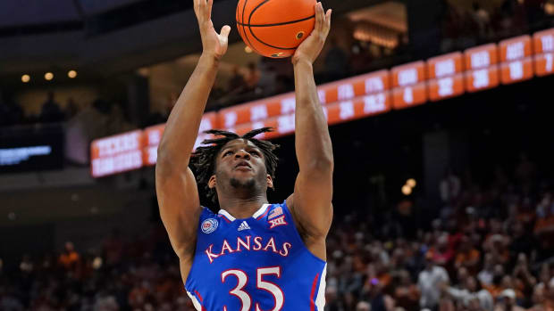 Feb 21, 2023; Austin, Texas, USA; Kansas Jayhawks forward Zuby Ejiofor (35) attempts a layup during the second half against the Texas Longhorns at Moody Center. Mandatory Credit: Scott Wachter-USA TODAY Sports